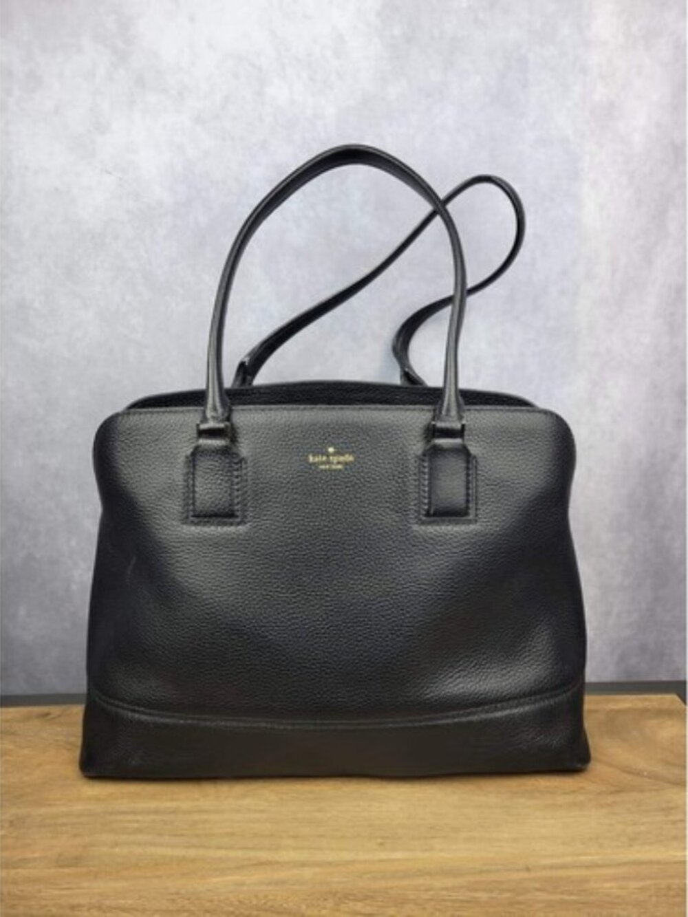 Kate Spade Black Pebble Leather Tote Bag Gold Logo Top Handle
